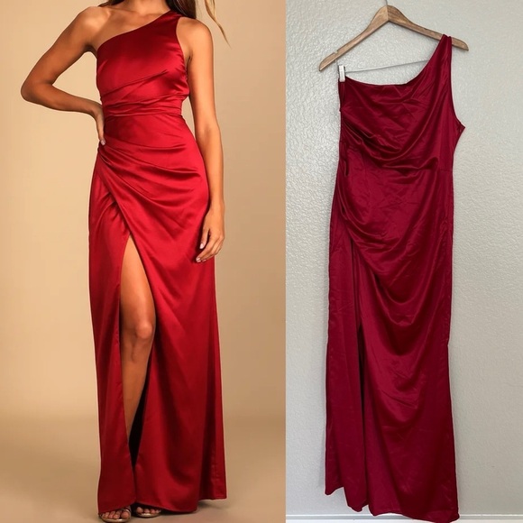NWOT Dreaming of Elegance Wine Red Satin One-Shoulder Maxi Dress - Picture 1 of 8